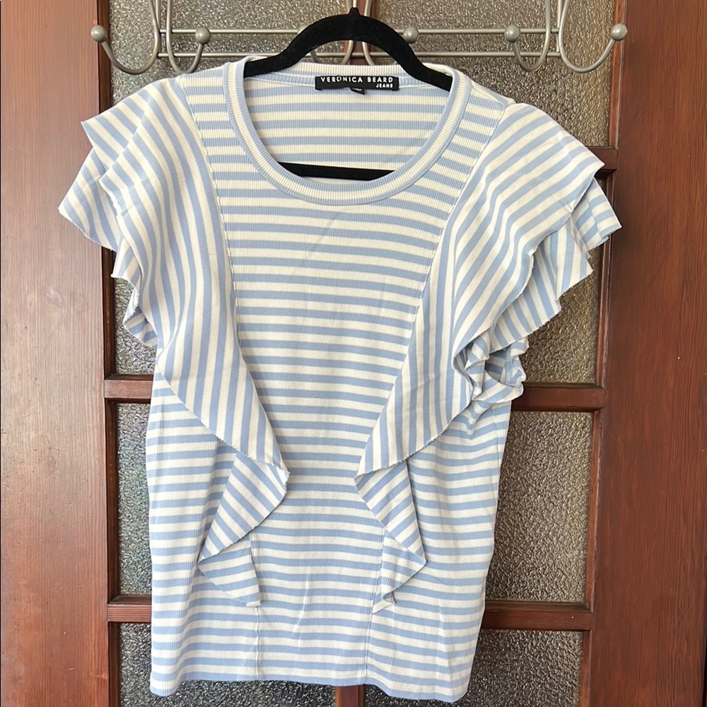 Veronica Beard White and Gray Flutter Sleeve Striped Blouse